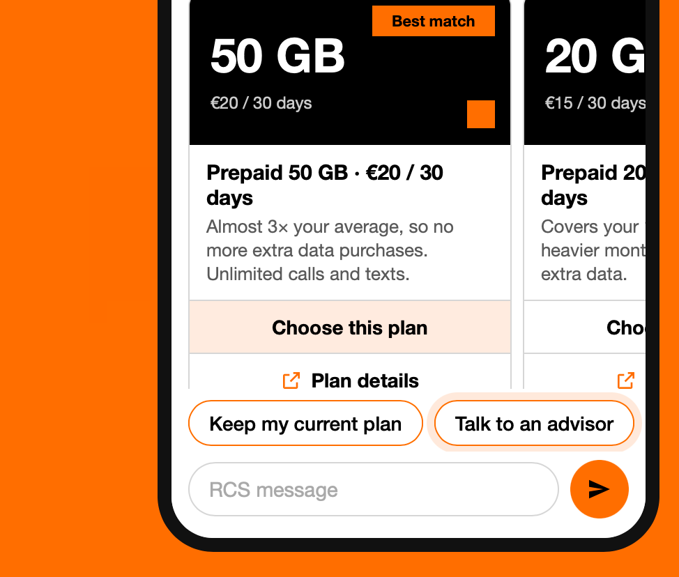 Bottom of a phone in an Orange RCS conversation: a 50 GB prepaid plan card marked Best match with a Choose this plan button, reply chips to keep the current plan or talk to an advisor, and the message field